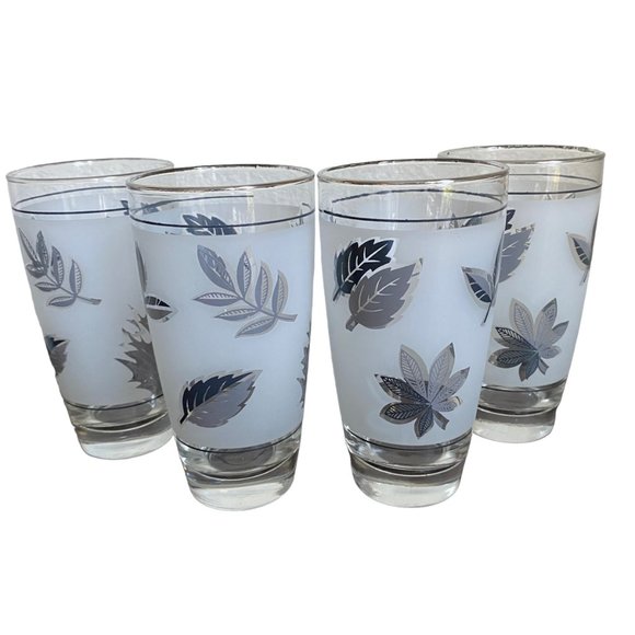 Vintage Libby Silver Leaves Frosted MCM Drinkware Set Of 4 - Picture 2 of 16